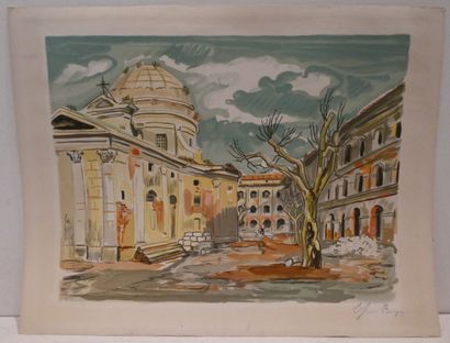 null BRAYER Yves (1907-1990), "Place de l'église". Lithographie en couleurs signée...
