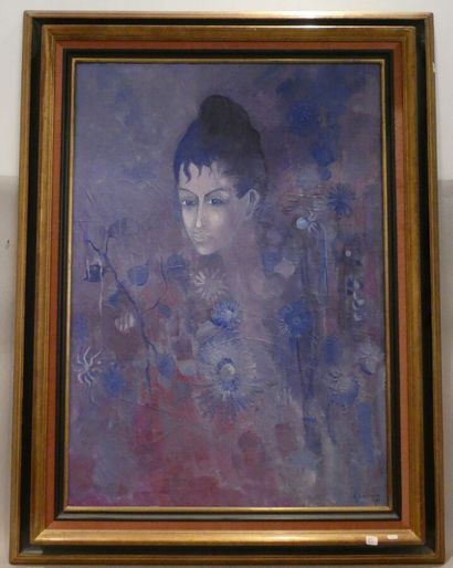 null COUDOUR Gilles (né en 1942), "Portrait de femme en bleu", huile sur toile signée...