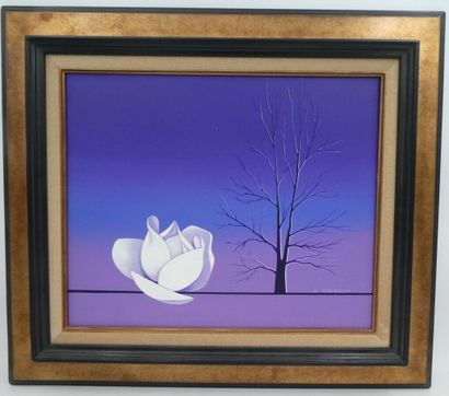 null COUDOUR Gilles (né en 1942), "Rose blanche dans un paysage violet", huile sur...