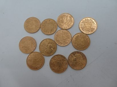 null Onze pièces de collection en or de 20 francs suisses, 71 gr...LOT VENDU SUR...
