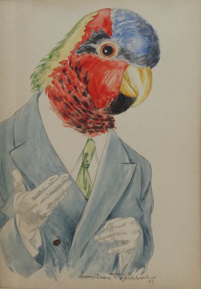 null ROUPPERT Jean (1887-1979), "Portrait d'homme à la tête de perroquet", aquarelle...