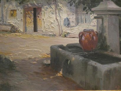 null BEAUSSIER Emile (1874-1943), "La Fontaine du village", huile sur carton signée...