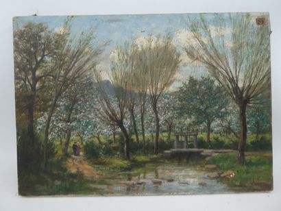 null ARLIN Joanny (1830-1906), "Paysage lacustre au printemps", Huile sur toile signée...