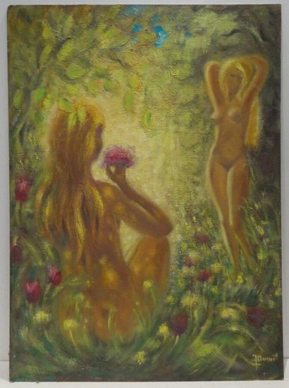 null BURNOT Jacques (1911-2004), "Jeunes filles en fleur", huile sur carton signée...