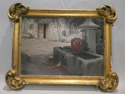 null BEAUSSIER Emile (1874-1943), "La Fontaine du village", huile sur carton signée...