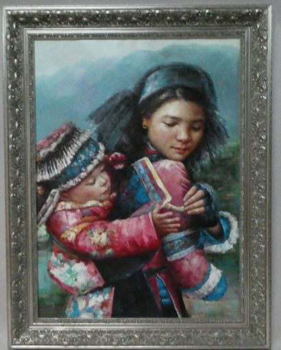 null Ecole contemporaine, "Maternité", huile sur toile, 100 x 73 cm