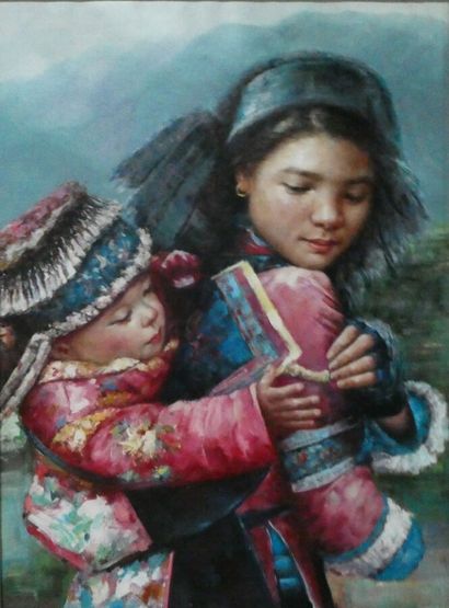 null Ecole contemporaine, "Maternité", huile sur toile, 100 x 73 cm