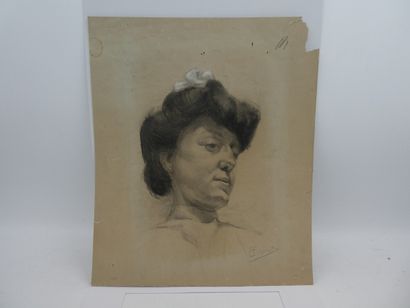 null GIRAUD, "Portrait de femme au ruban blanc", dessin signé en bas à droite, 28...