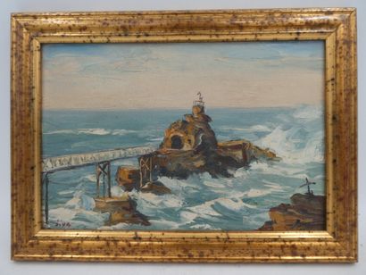 null JIVA (1907-1974), "Biarritz, le rocher de la Vierge", Huile sur carton signée...