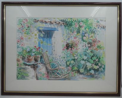 null Ecole contemporaine, "Fauteuil à bascule dans le jardin", aquarelle signée et...