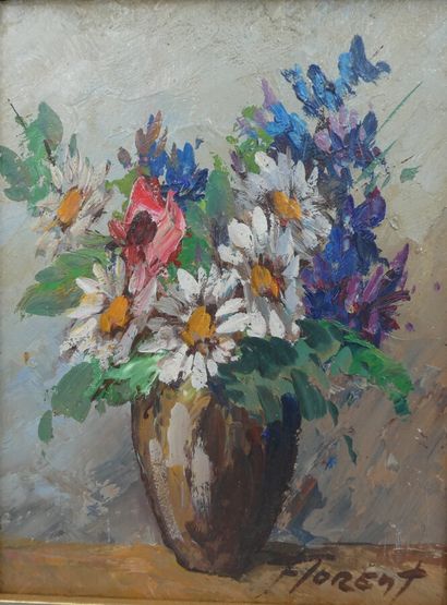 null FLORENT, "Bouquets de fleurs", suite de trois huiles sur carton signées, 13...