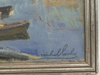 null LOCHE Michel (1887-1976), "Paysage lacustre", Huile sur carton signée en bas...