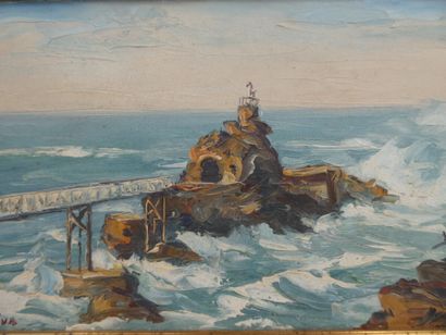 null JIVA (1907-1974), "Biarritz, le rocher de la Vierge", Huile sur carton signée...