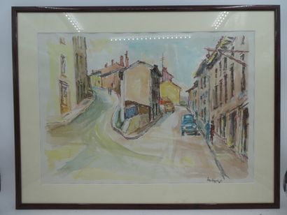 null LACHAIZE, "Rue de Thizy", pastel et aquarelle signée en bas à droite, 38 x 54...