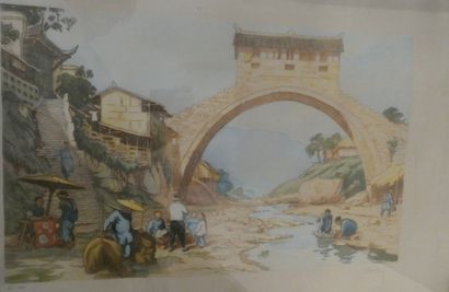 null Ecole moderne, "Paysage au pont, Chine", lithographie signée en bas à droiteet...