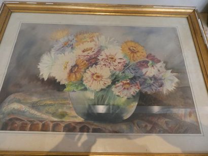 null Ecole moderne, "Vases de fleurs", paire d'aquarelles signées, 34 x 54 cm à vue...