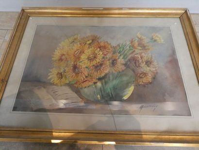null Ecole moderne, "Vases de fleurs", paire d'aquarelles signées, 34 x 54 cm à vue...