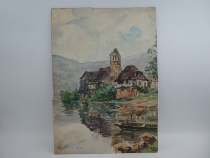 null TROUILLET Maurice (1900-1971), "Eglise au bord de l'eau", aquarelle signée et...