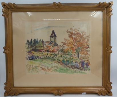 null Ecole française, "Paysage au clocher", gouache, 31 x 38 cm