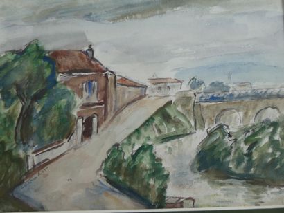 null CARADOT Louis (1896-10980), "Paysage au pont" aquarelle signée en bas à gauche,...