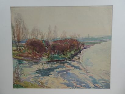 null AUBRET Maurice (1897-1977), "Bord de Loire confluent Renaison", aquarelle signée...