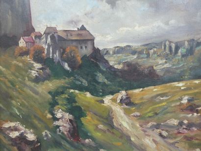 null THYS, "Abbaye en montagne", huile sur toile signée en bas à gauche, 42 x 46...