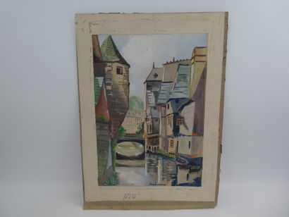 null LACHATRE Jean, "Canal bordé de maisons", gouache signée en bas, 30 x 21 cm