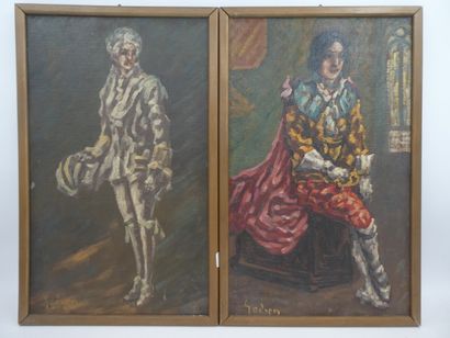 null GODIEN Adrien (1873-1949). "Comédiens", paire d'huiles sur toile marouflée sur...