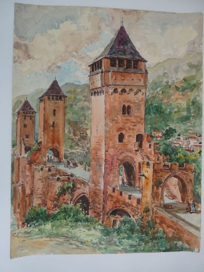null TROUILLET Maurice (1900-1971), "Cahors le pont Valentré", aquarelle signée et...