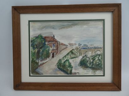 null CARADOT Louis (1896-10980), "Paysage au pont" aquarelle signée en bas à gauche,...