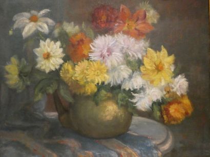 null VIA Martin, "Bouquet de fleurs dans un coquemar", huile sur toile signée en...