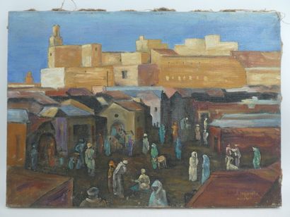 null MAJORELLE Jacques (1886-1962), "L'Entrée des souks Marrakech", huile sur toile...