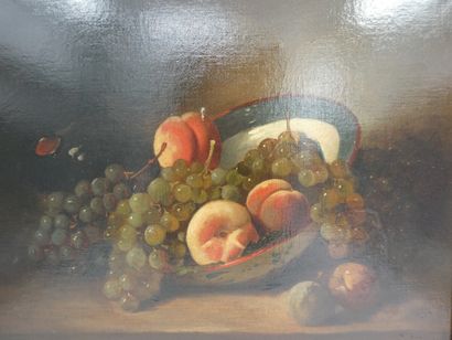 null Ecole lyonnaise du 19ème siècle, "Nature moret aux pêches et raisin", huile...
