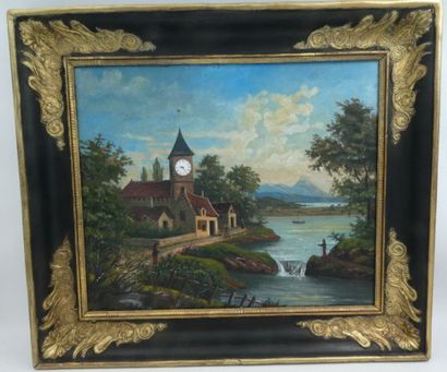null Un tableau horloge "Paysage au clocher", huile sur cuivre, 38 x 46 cm (manque...
