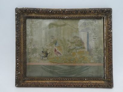 null Ecole française du XVIIIe siècle, "Scène paysane", soie, 17 x 23 cm à vue, cadre...