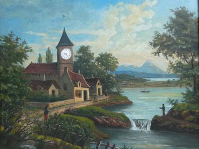 null Un tableau horloge "Paysage au clocher", huile sur cuivre, 38 x 46 cm (manque...