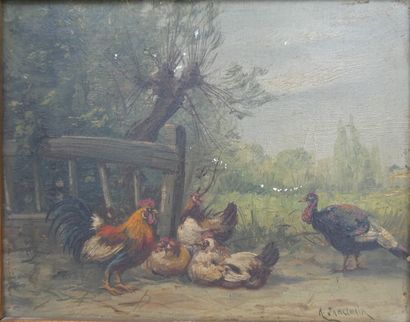 null Ecole française, "Poules, coq et dindon", huile sur toile signée en bas à droite,...
