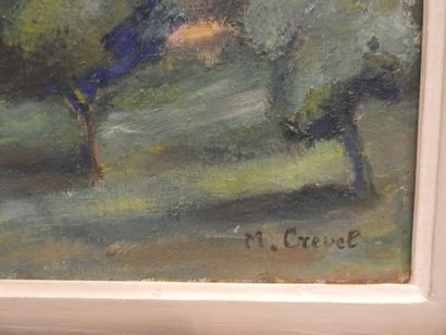 null CREVEL M., "Paysage aux peupliers", huile sur toile signée en bas à droite,...