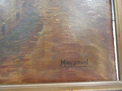 null MARGOTTON, "Paysage lacustre", huile sur panneau signée en bas à droite, 32,5...