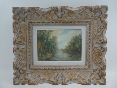 null Ecole française, "Paysage lacustre", huile sur toile, 16 x 22 cm