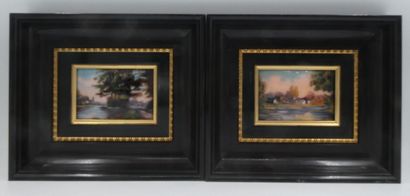 null BETOURNE Jean LIMOGES, "Paysages lacustres", paire d'émaux peints signée en...