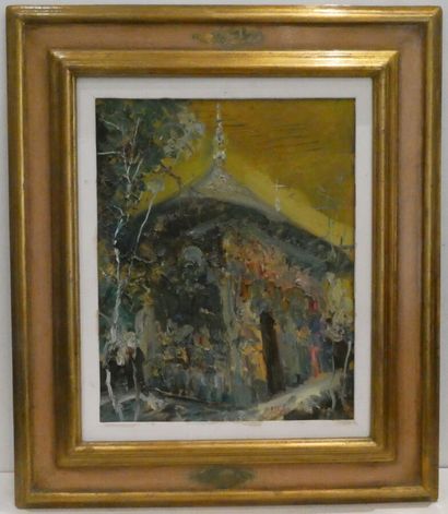 null Ecole contemporaine, "La Chapelle", huile sur toile signée en bas à droite cachets...