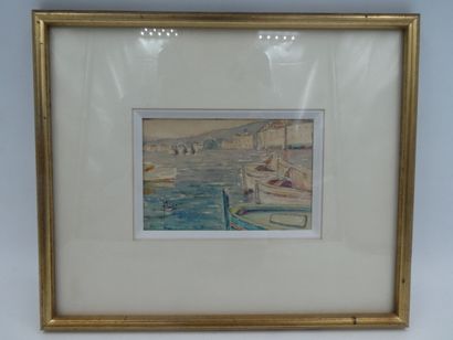 null Anonyme, "Scène portuaire", aquarelle signée en bas à gauche, 8 x 12 cm