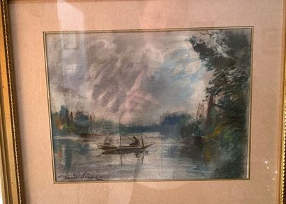 null SINET André (1867-?) (Elève de Drolling),

"Pêcheur sur une barque",

pastel...