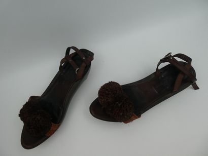 null Robert CLERGERIE, pair of sandals in vegetable fibers and brown leather straps,...