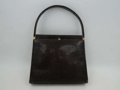 null Brown reptile bag with brown leather interior and gold metal trim, 22 x 25 x...