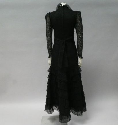 null France FAVER circa 1975 - Long dress in black broderie anglaise with gigot sleeve,...