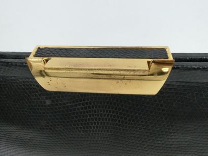 null Black reptile bag with beige suede interior and gold metal trim, 23 x 27 x 9...