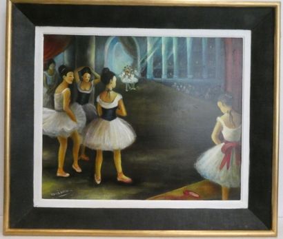 null GUENERON Viviane, "Danseuses à l'opéra", huile sur panneau, signée en bas à...