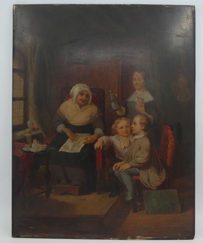 null Ecole française du XIXème siècle "La Visite à la grand mère" huile sur panneau...
